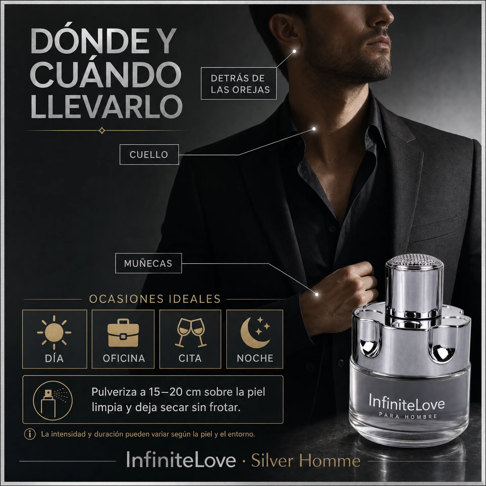 Puntos de aplicación y ocasiones ideales para InfiniteLove Silver Homme