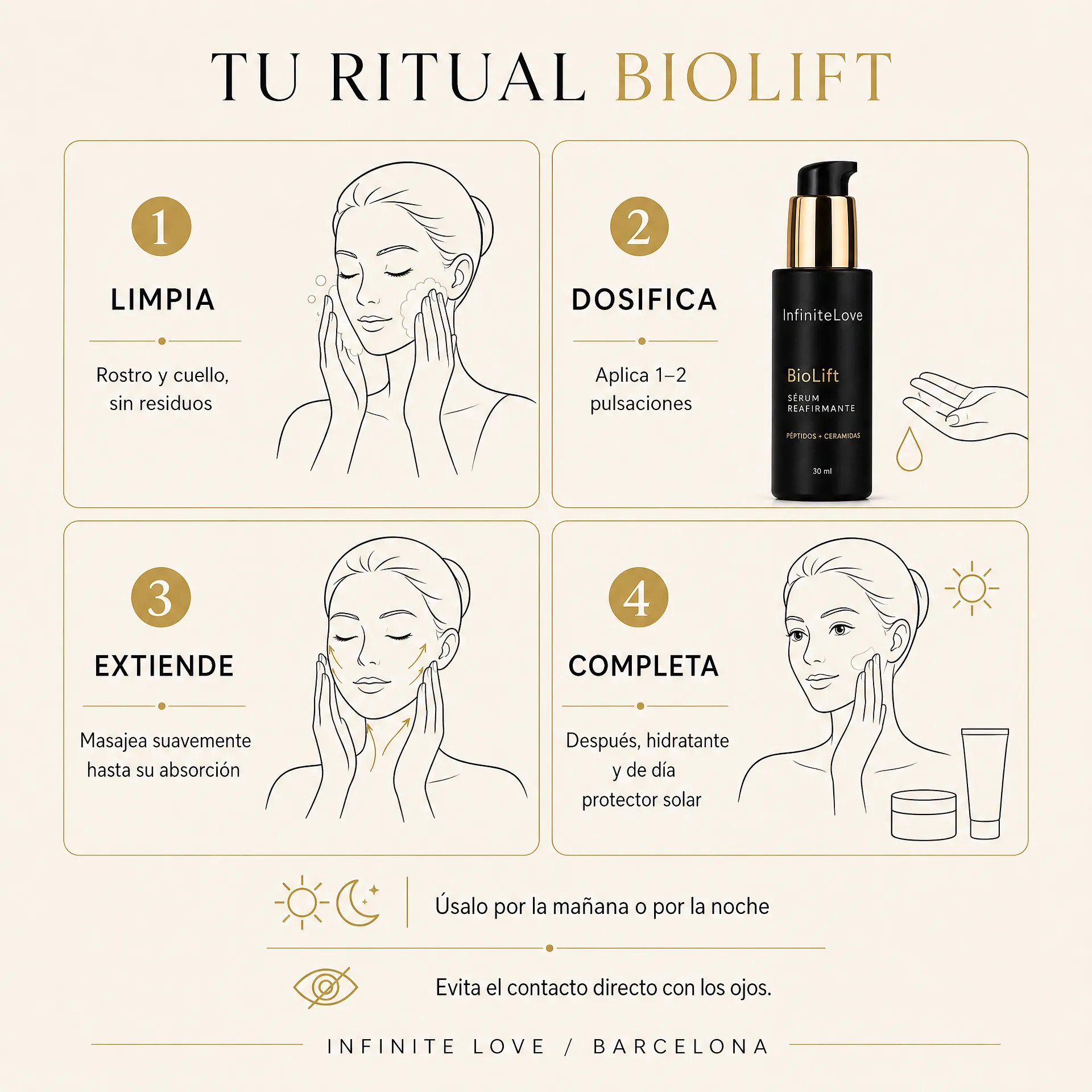 Modo de uso de InfiniteLove BioLift Sérum Reafirmante con Péptidos y Ceramidas
