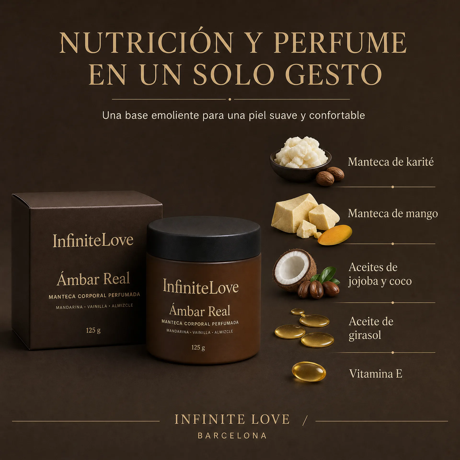 Ingredientes de InfiniteLove Ámbar Real con manteca de karité, manteca de mango, jojoba, coco, girasol y vitamina E