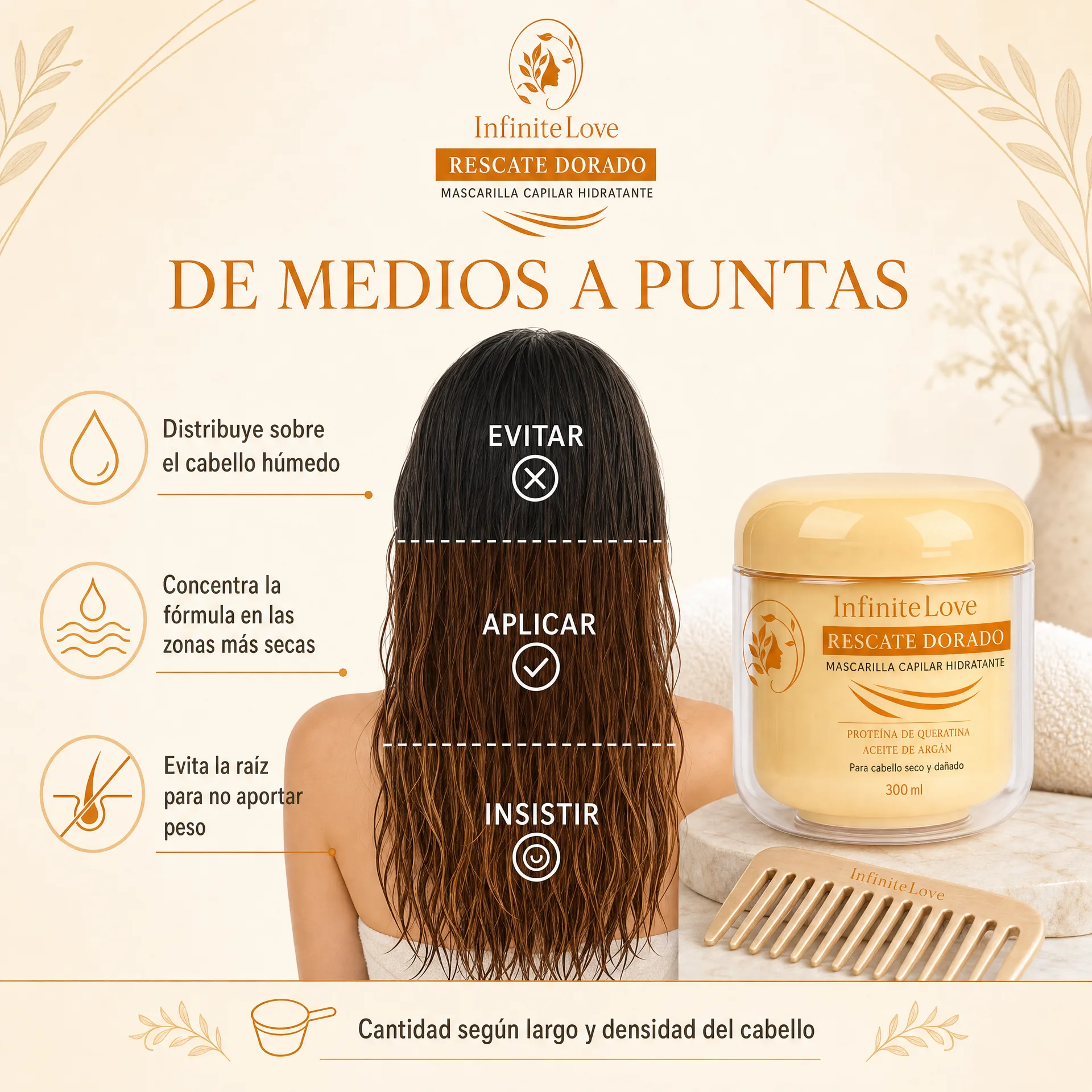 Zonas de aplicación de InfiniteLove Rescate Dorado en medios y puntas, evitando la raíz