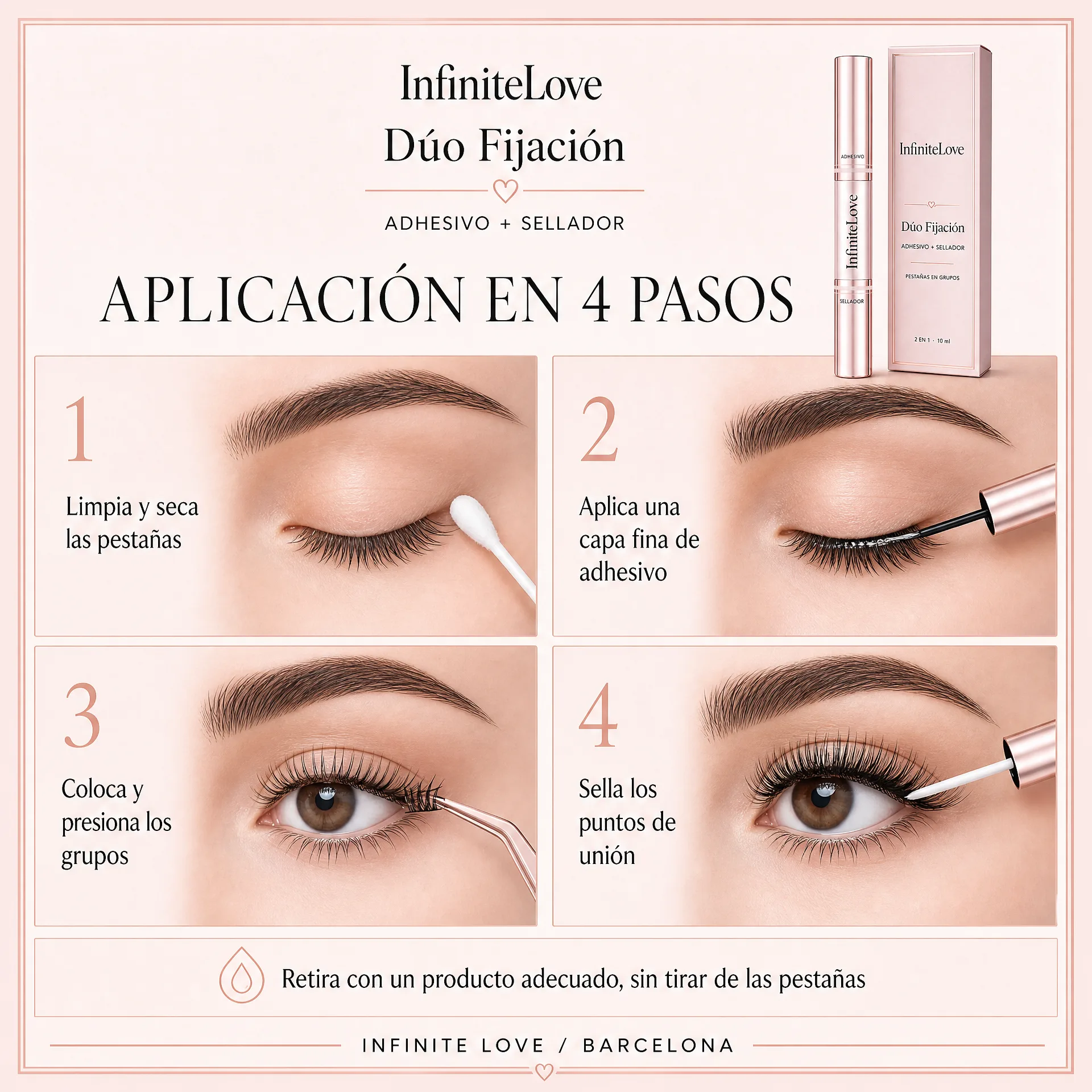 Aplicación en cuatro pasos de InfiniteLove Dúo Fijación para pestañas en grupos