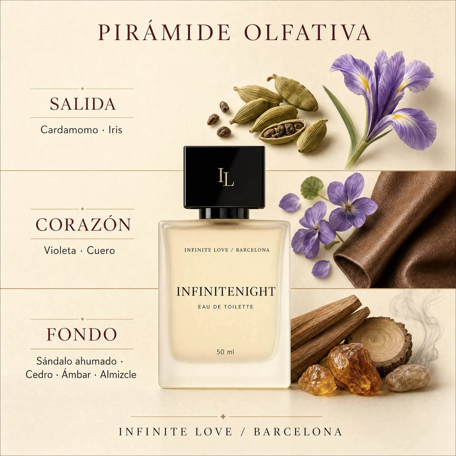 Pirámide olfativa de InfiniteNight con cardamomo, iris, violeta, cuero, sándalo, cedro, ámbar y almizcle