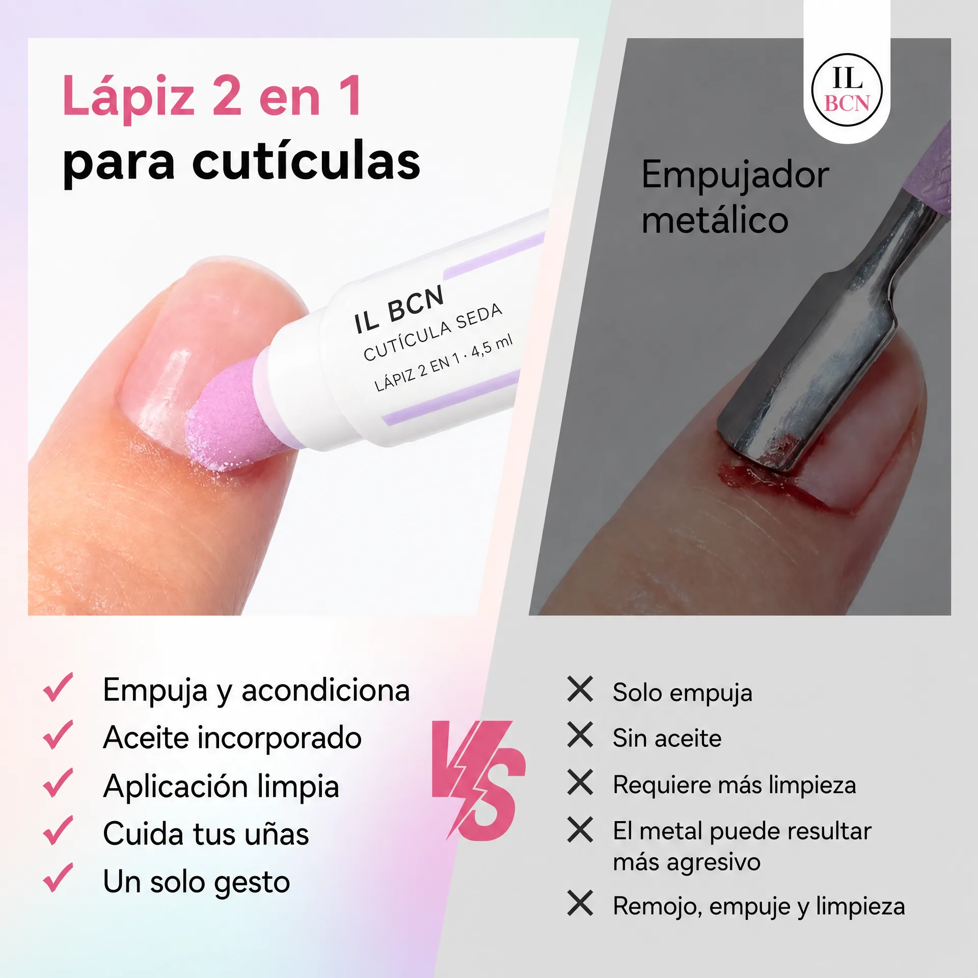 Comparación entre Cutícula Seda y un empujador metálico