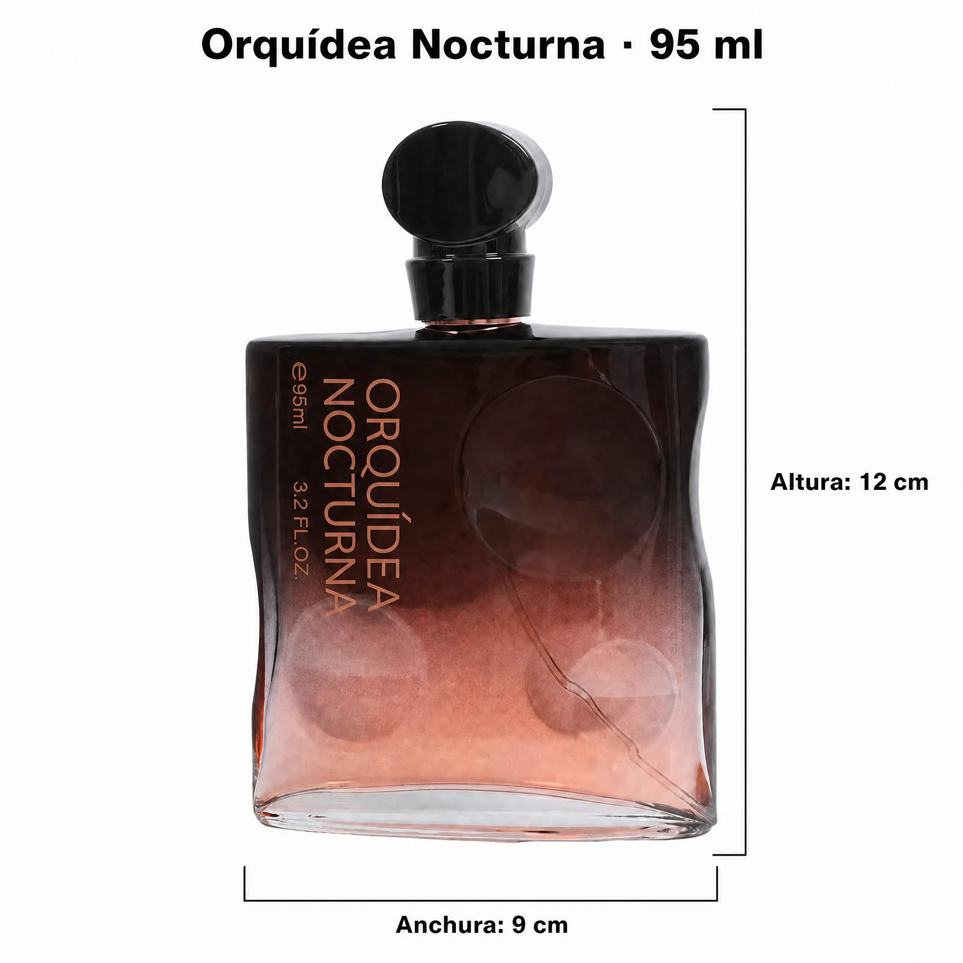 Dimensiones del frasco Orquídea Nocturna de 95 ml: 12 cm de altura y 9 cm de anchura