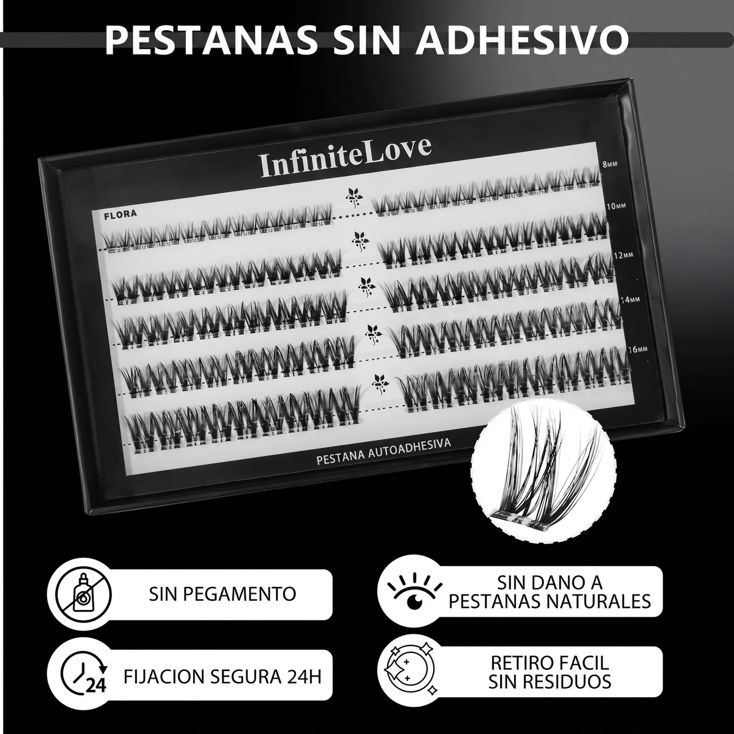 Kit de Pestanas en Racimo Autoadhesivas DIY - 80 Piezas 8-16mm con Pinzas de Precision