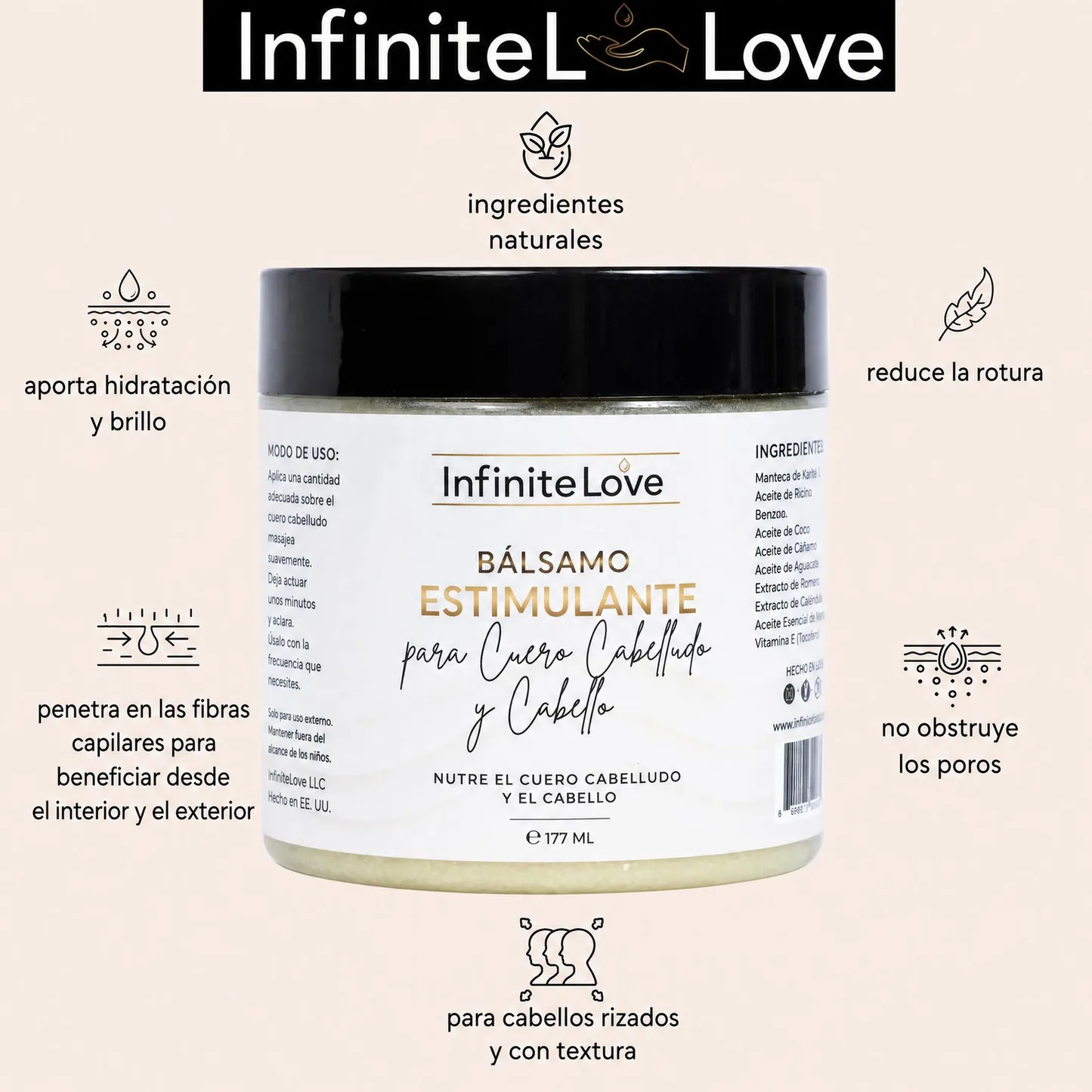 Balsamo Estimulante Cuero Cabelludo y Cabello Manteca Karite Mango Romero Menta 100% Natural 177ml
