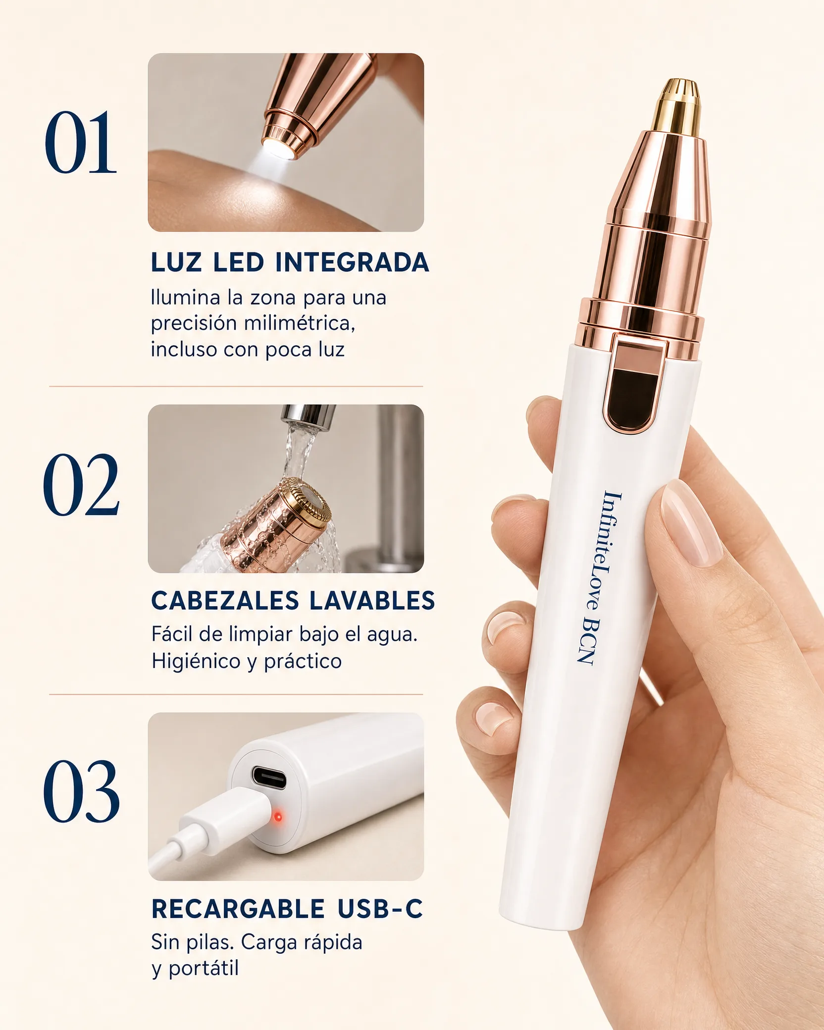 Características de la Depiladora - LED, Lavable, USB-C