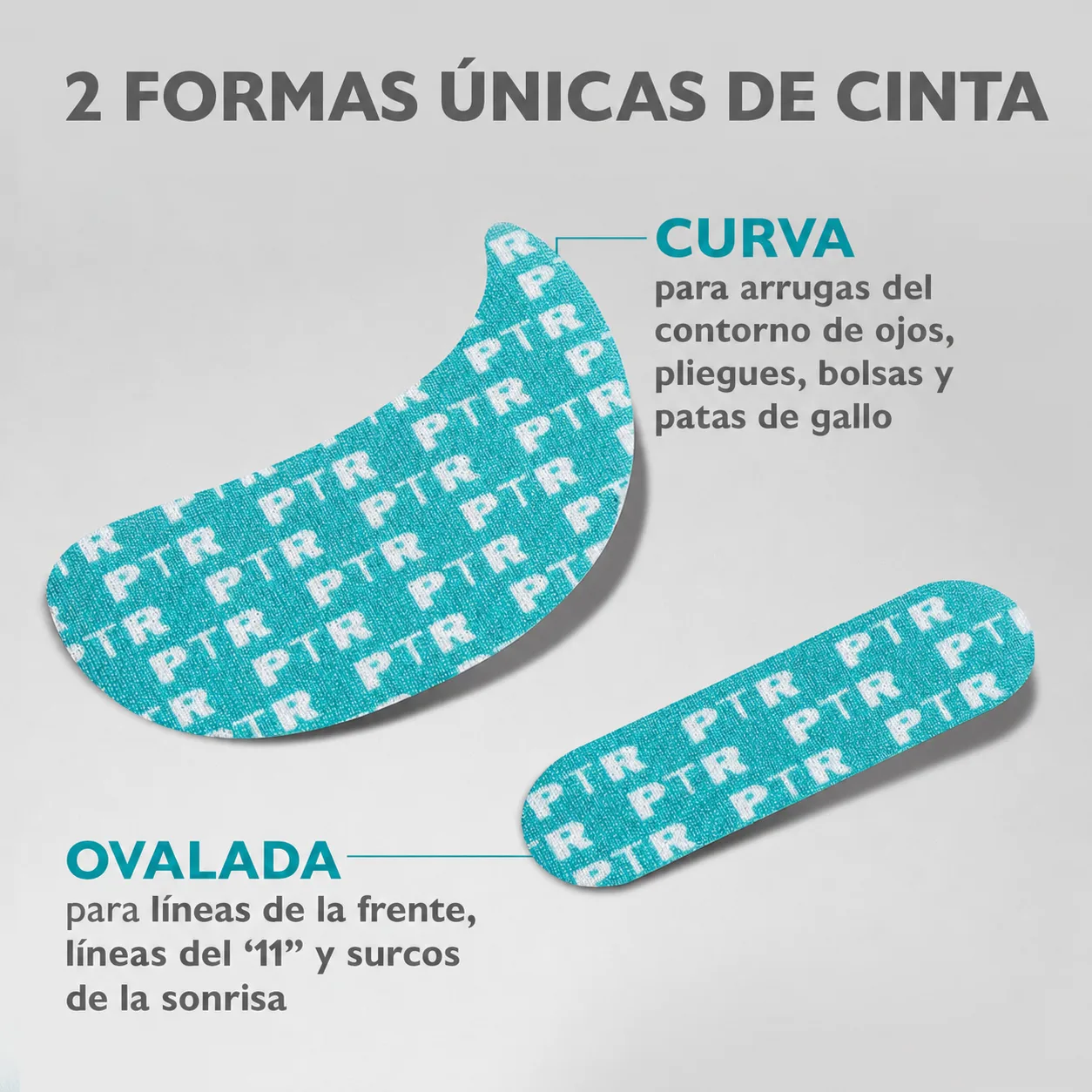Dos formas de cinta facial: curva para el contorno de ojos y ovalada para frente, entrecejo y líneas de sonrisa