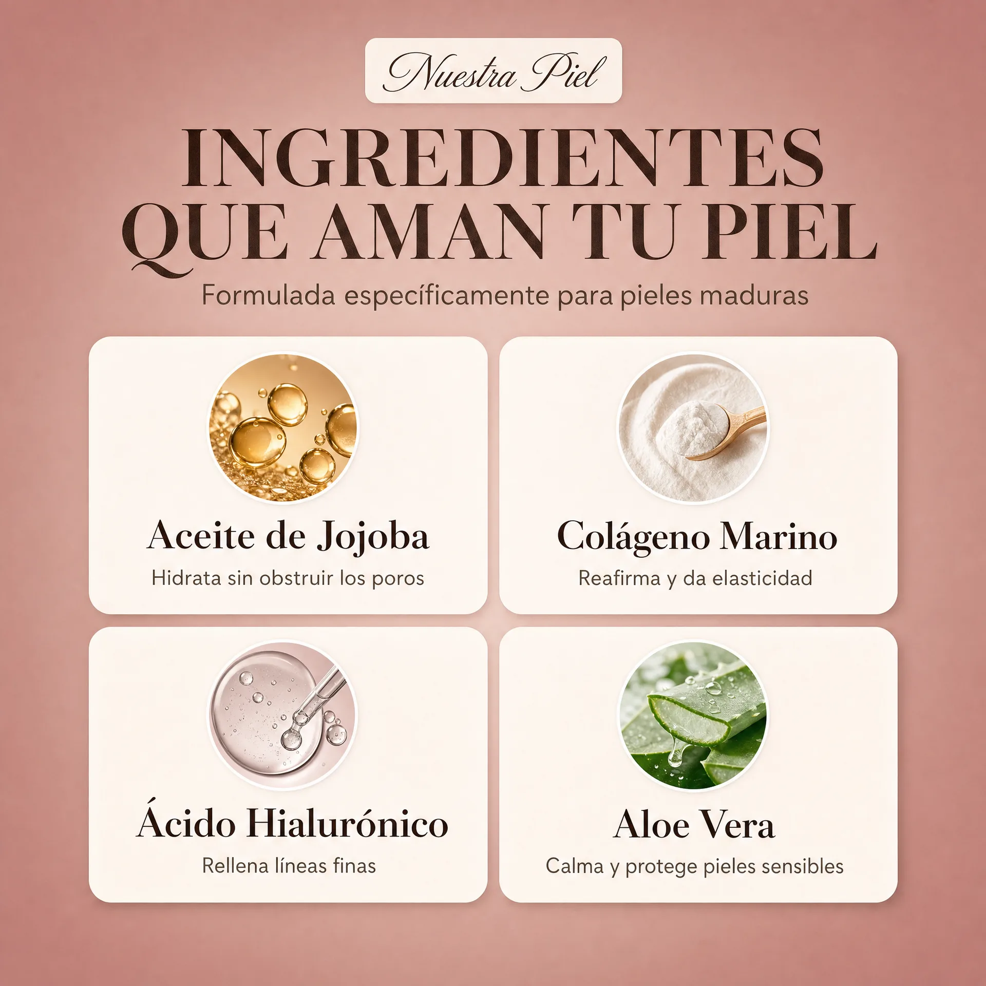 Ingredientes destacados de InfiniteGlow: jojoba, colágeno marino, ácido hialurónico y aloe vera
