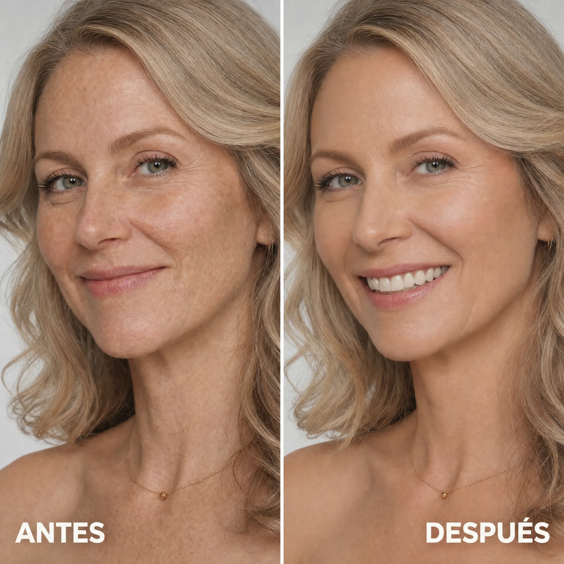 Ejemplo antes y después de la aplicación de InfiniteGlow sobre piel clara