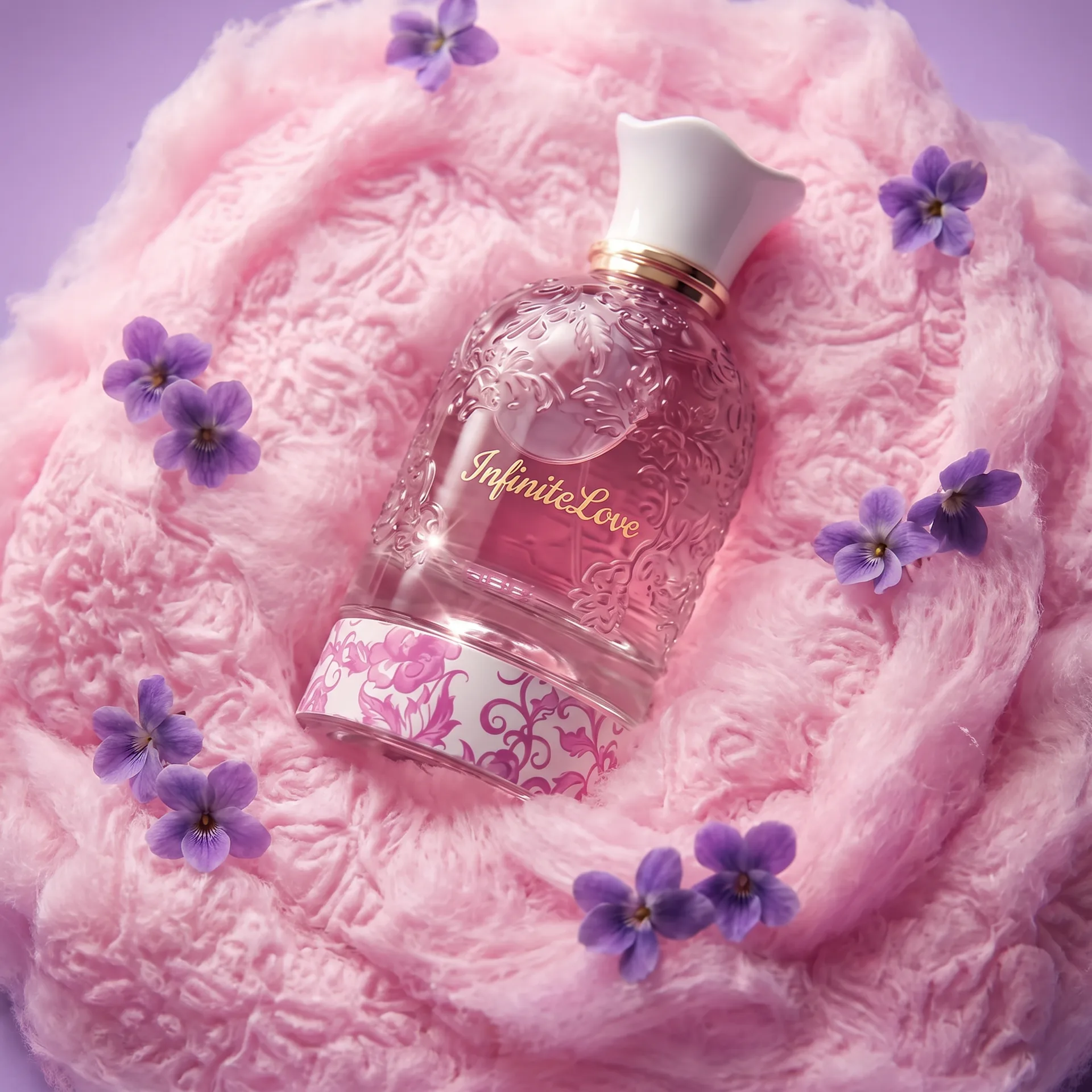 Flatlay InfiniteLove Perfume con Violetas