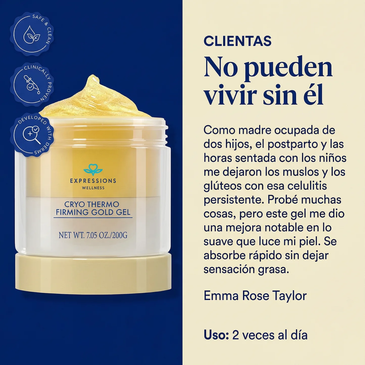 Gel Anticelulítico y Reafirmante 'Cryo Thermo Gold' con Efecto Frío-Calor para Abdomen, Muslos y Glúteos (Resultados en 15 Días)