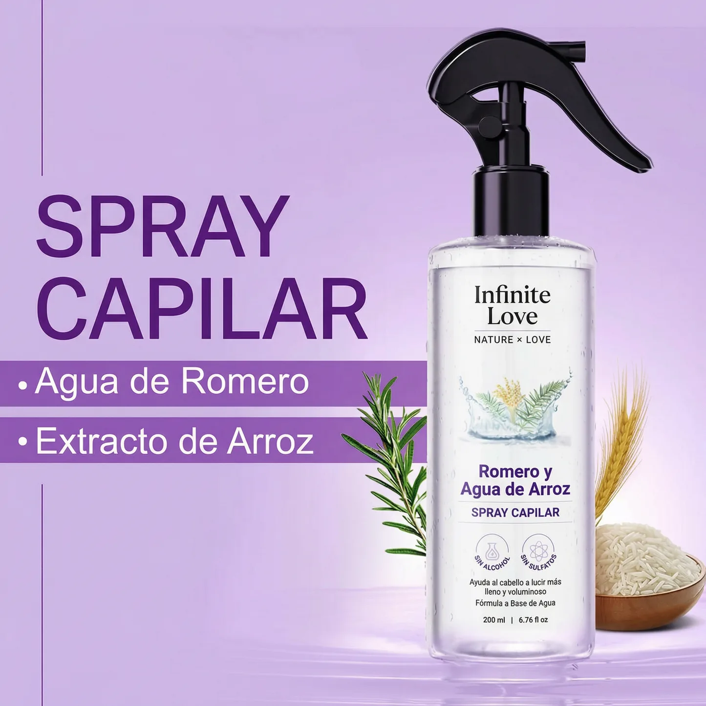 Spray Capilar Estimulador de Crecimiento con Romero y Agua de Arroz (100% Natural) para Frenar la Caída