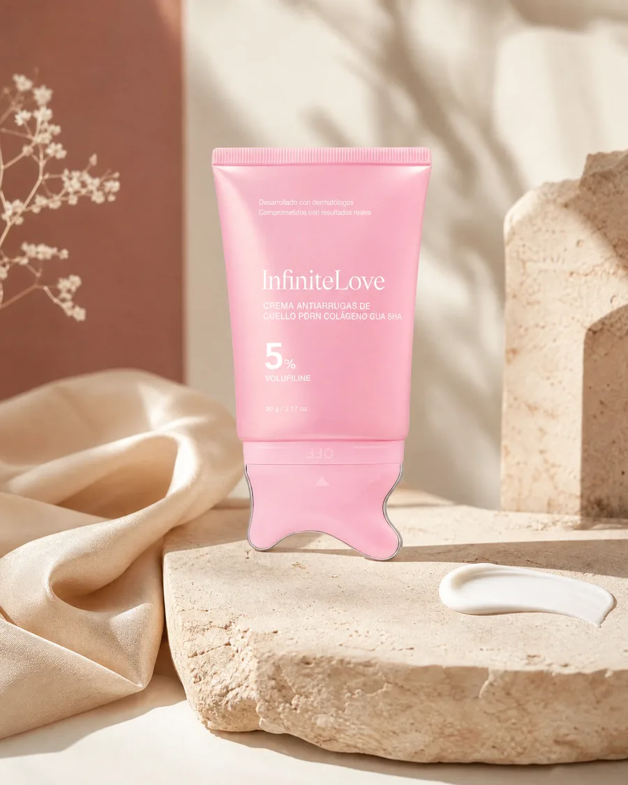 Crema de cuello InfiniteLove con aplicador Gua Sha en un bodegón cálido